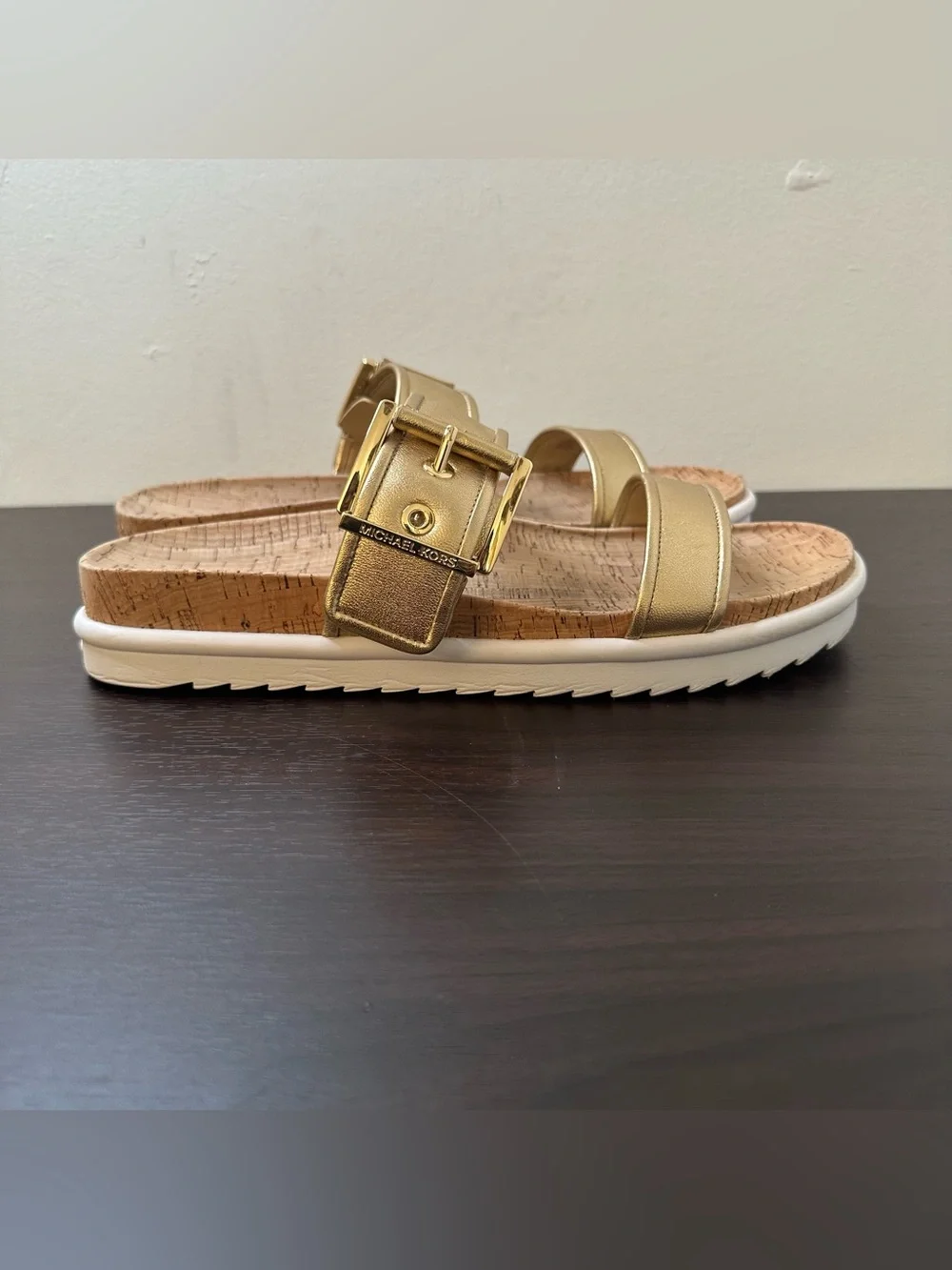 Michael Kors Colby Gold Leather Slide Sandals Buckle Cork Footbed Women's 11